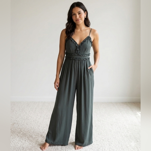 Blue Rain Pants - NWT Blue Rain Olive V-Neck Ruffle Wide-Leg Jumpsuit